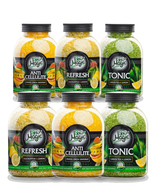 Anti Cellulite, Refresh și Tonic, câte două recipiente: portocală, lămâie și grapefruit