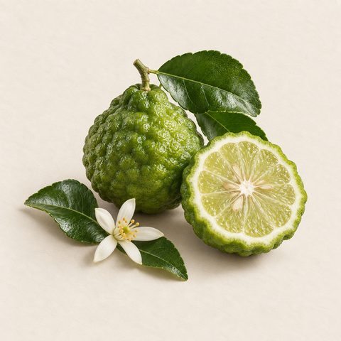 Bergamot: a whole green fruit, a cut half, leaves and a white blossom