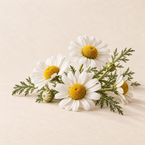Chamomile flowers with white petals, yellow centres and feathery leaves