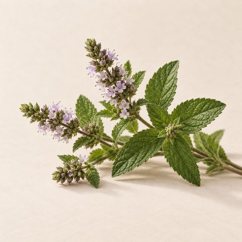 Field mint in flower: lilac flower spikes and green leaves