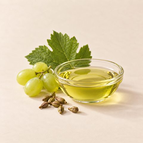 Grape seed oil in a glass bowl with green grapes, a vine leaf and grape seeds
