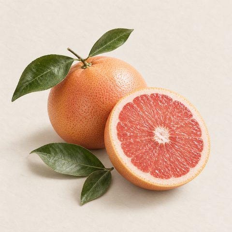 Pink grapefruit: a whole fruit, a cut half and leaves