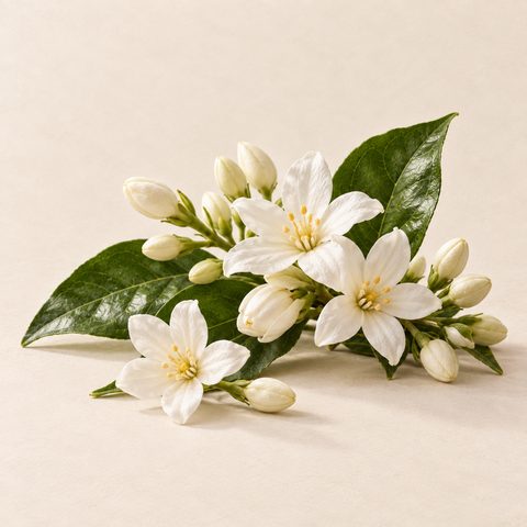White jasmine flowers and buds on a leafy stem