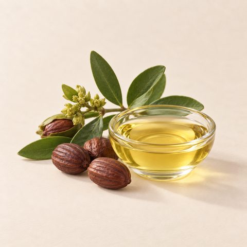 Jojoba oil in a glass bowl with jojoba seeds and a leafy twig