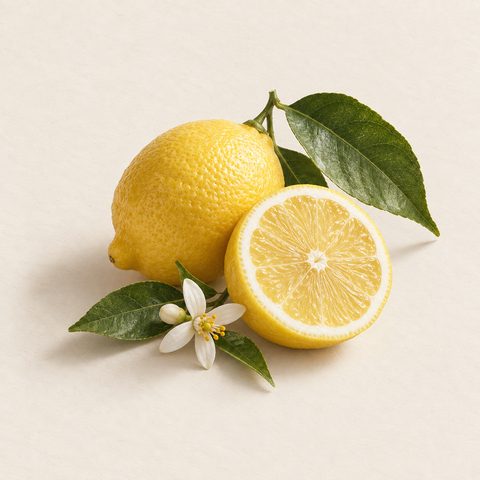 Lemon: a whole fruit, a cut half, leaves and a lemon blossom
