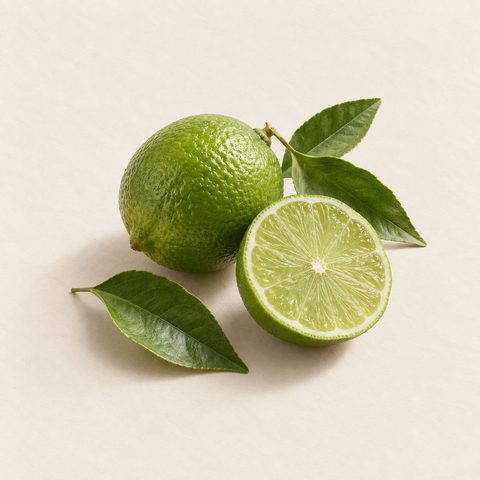 Lime: a whole green fruit, a cut half and leaves
