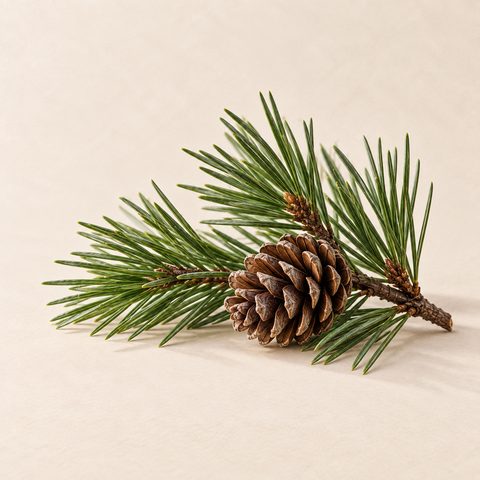 Pine twig with long needles and a brown cone