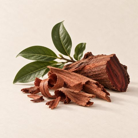 Rosewood: pieces of red-brown wood and shavings with glossy leaves