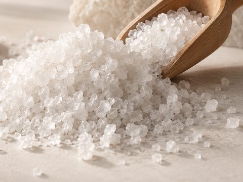 Coarse white sea salt crystals spilling from a wooden scoop