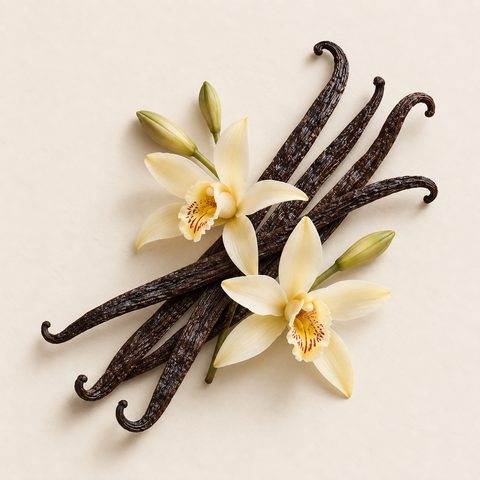Vanilla pods and cream vanilla orchid flowers