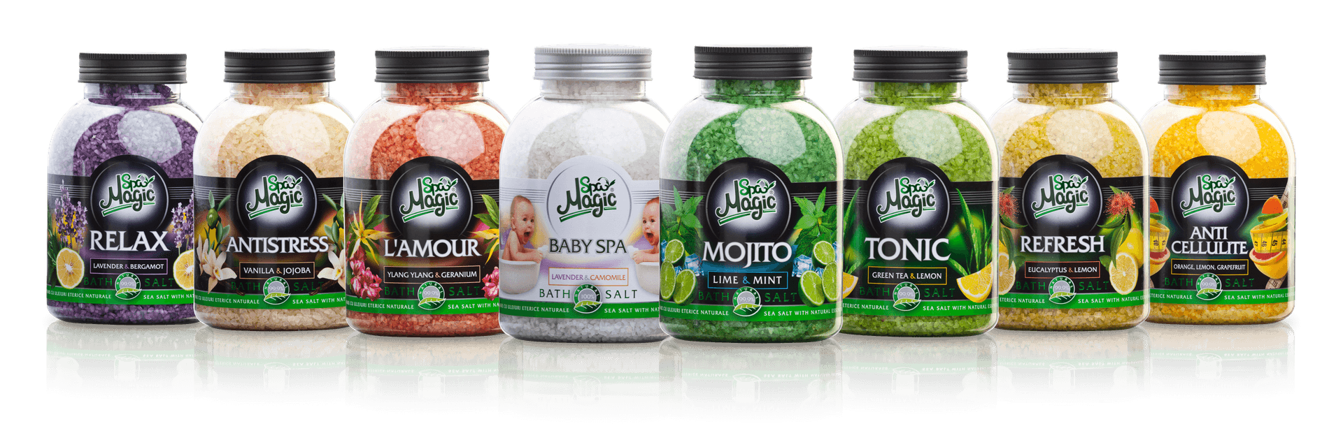 Cele opt săruri de baie Magic SPA: Relax, Antistress, L’Amour, Baby SPA, Mojito, Tonic, Refresh și Anti Cellulite