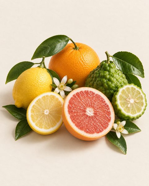 Citrus scents: orange, lemon, pink grapefruit and bergamot with blossoms and leaves
