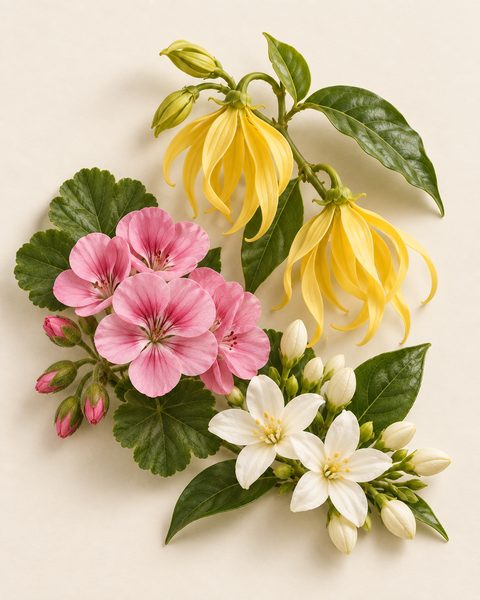 Floral scents: yellow ylang-ylang, pink geranium and white jasmine flowers