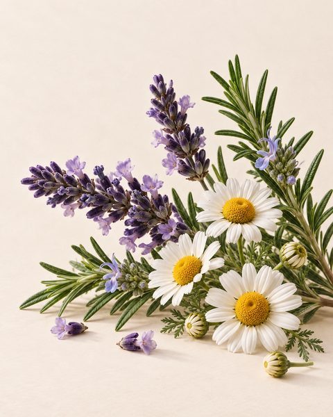 Herbal scents: lavender, chamomile and rosemary in flower