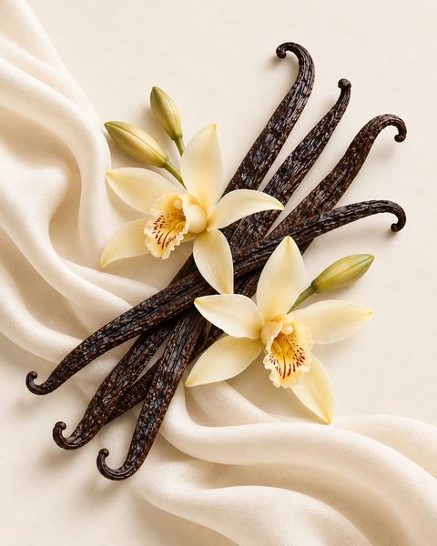Soft and sweet scents: vanilla pods and cream vanilla orchids on folded ivory fabric
