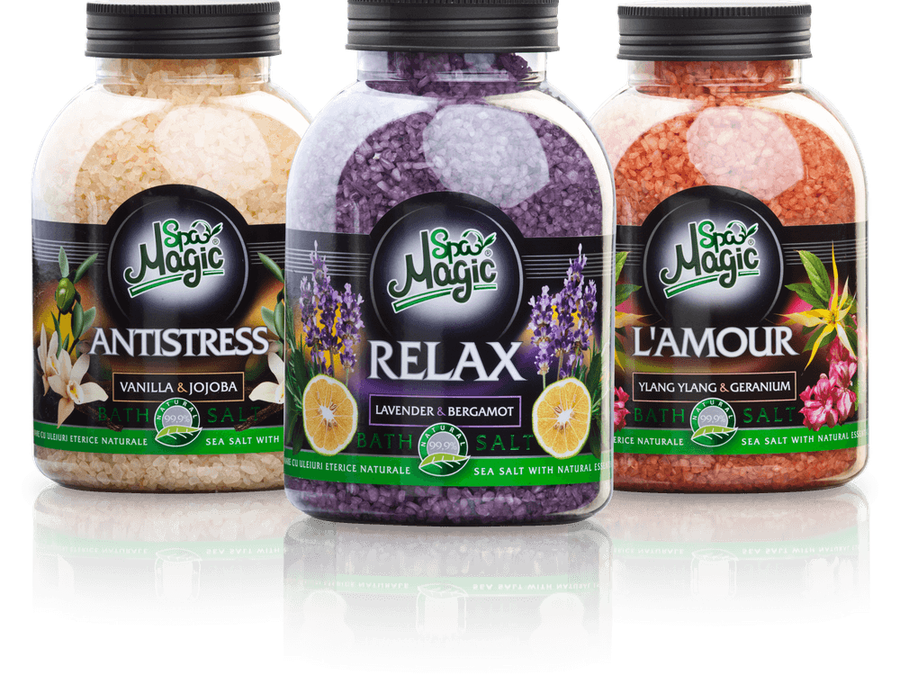 Соли за вана Antistress, Relax и L’Amour, подредени една до друга