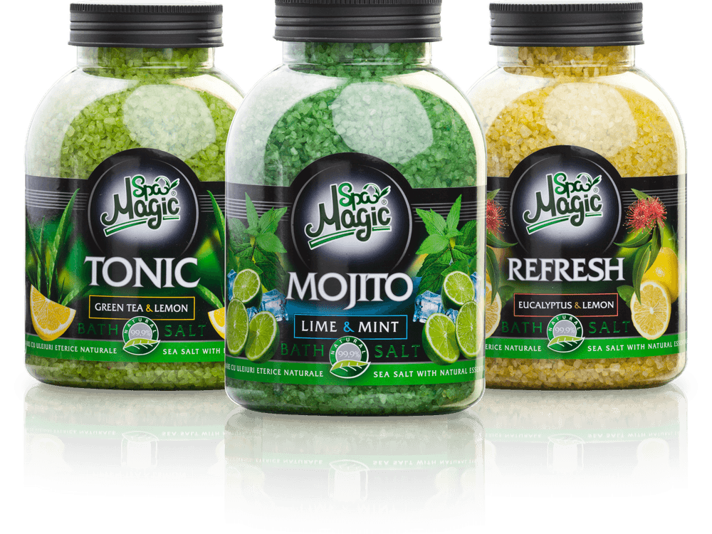 Соли за вана Tonic, Mojito и Refresh една до друга