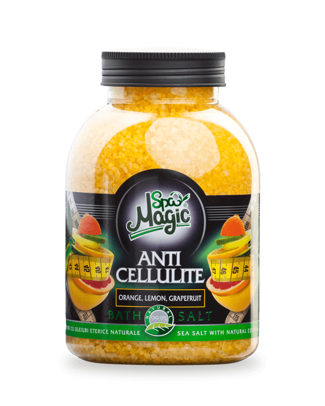 Sare de baie Magic SPA Anti Cellulite cu citrice: recipient transparent de 1250 g cu cristale chihlimbarii și capac negru