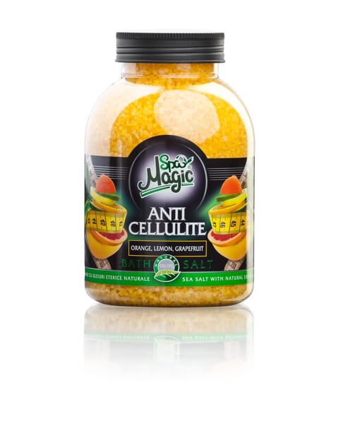 Anti Cellulite bath salt jar on a white reflective surface