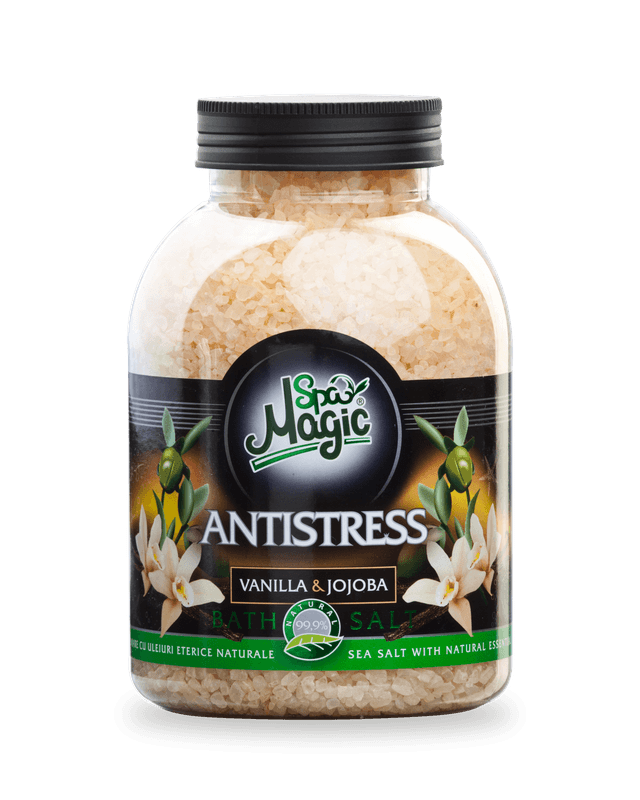 Sare de baie Magic SPA Antistress, vanilie și jojoba: recipient de 1250 g cu cristale în tonuri de caisă și capac negru