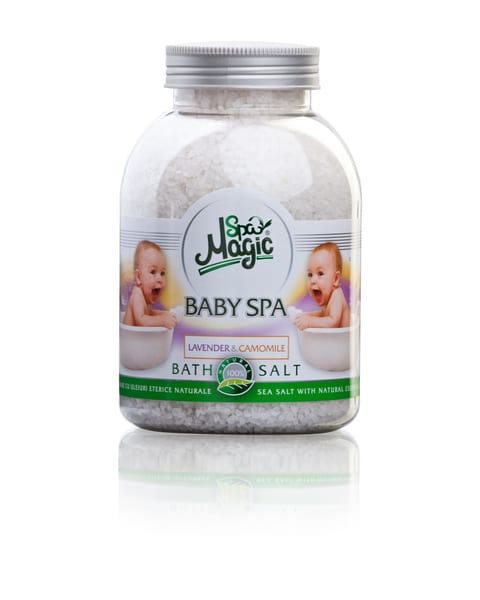 Baby SPA bath salt jar on a white reflective surface