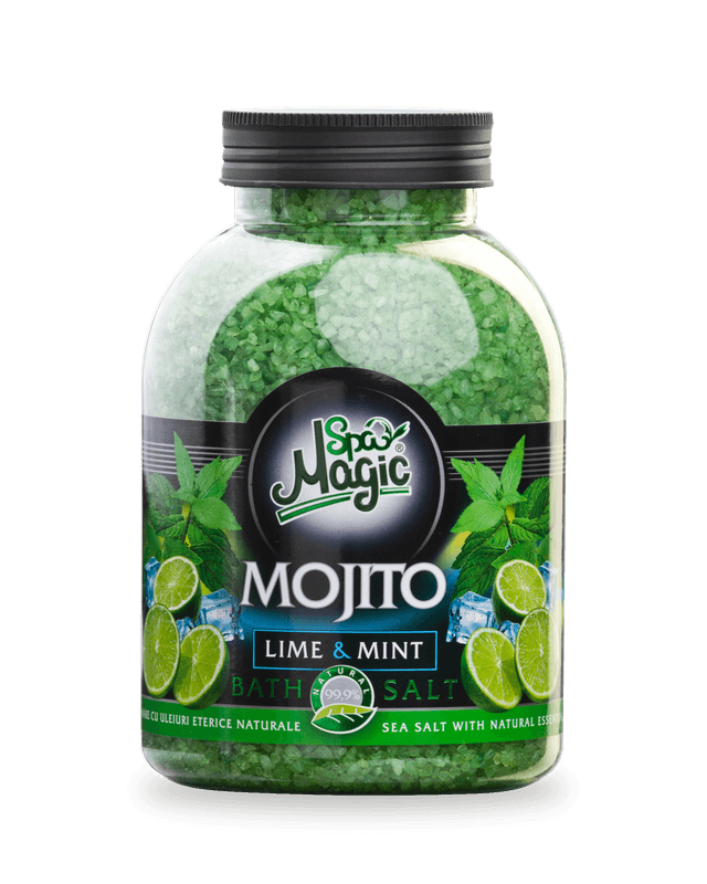 Sare de baie Magic SPA Mojito, lime și mentă: recipient transparent de 1250 g cu cristale verzi și capac negru