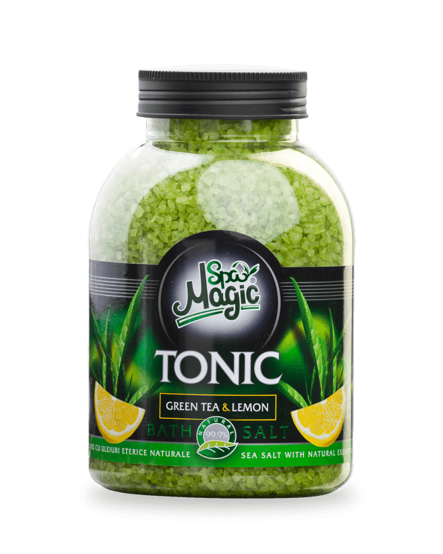 Sare de baie Magic SPA Tonic, ceai verde și lămâie: recipient transparent de 1250 g cu cristale verde-lime și capac negru